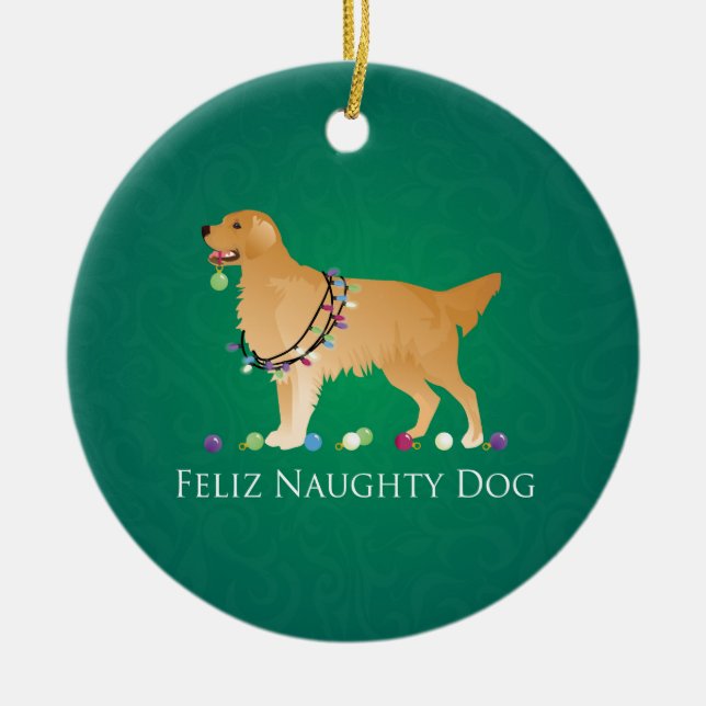 Golden Retriever Christmas Design Ceramic Ornament (Front)