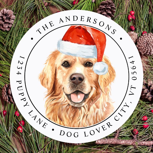Golden Retriever Christmas Dog Return Address Classic Round Sticker (Creator Uploaded)