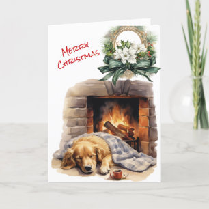 Golden Retriever Christmas Eve Fireplace Card