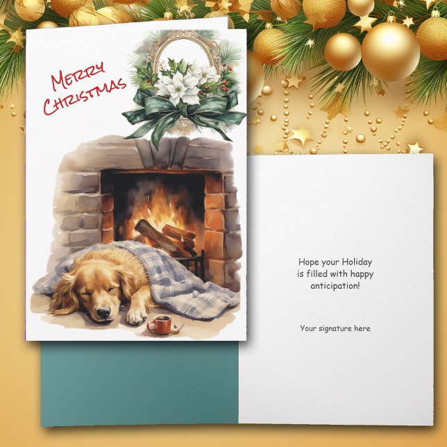 Golden Retriever Christmas Eve Fireplace Card (Creator Uploaded)