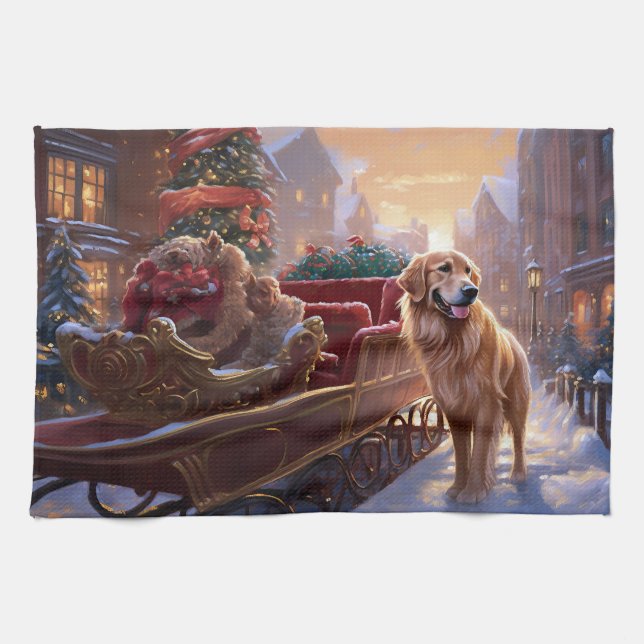 Golden Retriever Christmas Festive Season  Tea Towel (Horizontal)