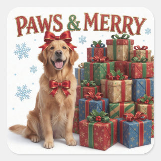 Golden Retriever Christmas Holiday Present Cheer Square Sticker