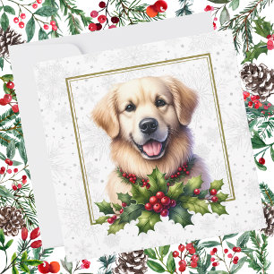 Golden Retriever Christmas Holly Snowflakes Holiday Card