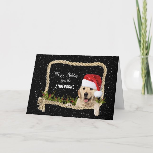 Golden Retriever Christmas in rope frame Holiday Card (Front)