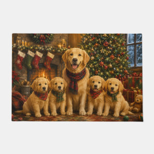 Golden Retriever Christmas Painting with 4 Puppies Doormat