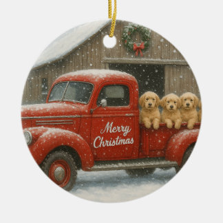 Golden Retriever Christmas Puppies in Old Truck Ceramic Ornament