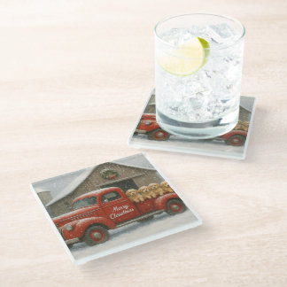 Golden Retriever Christmas Puppies in Old Truck Glass Coaster