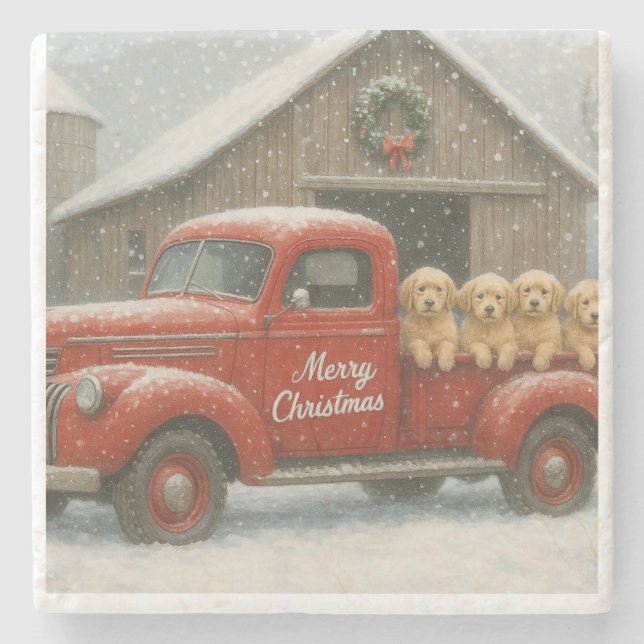 Golden Retriever Christmas Puppies in Old Truck Stone Coaster (Front)