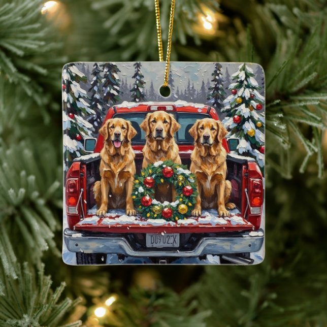 Golden Retriever Christmas Red Truck Holiday Ceramic Ornament (Tree)