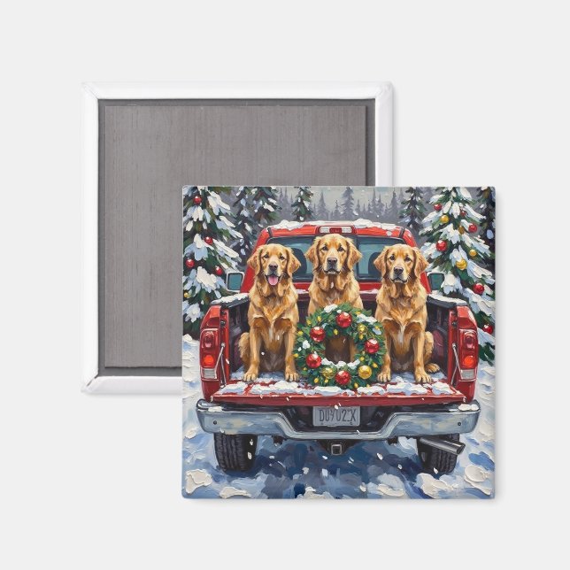 Golden Retriever Christmas Red Truck Holiday Magnet (Front/Back)