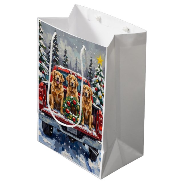 Golden Retriever Christmas Red Truck Holiday Medium Gift Bag (Front Angled)