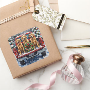 Golden Retriever Christmas Red Truck Holiday Square Sticker