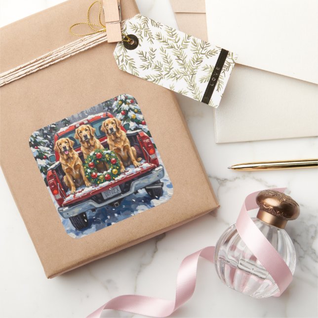 Golden Retriever Christmas Red Truck Holiday Square Sticker (Gifting)