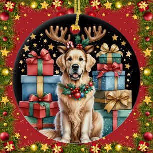 Golden Retriever Christmas Reindeer Antlers Gifts Ceramic Ornament