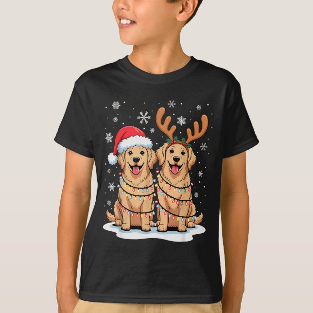 Golden Retriever Christmas Santa Hat Reindeer Ligh T-Shirt (Front)