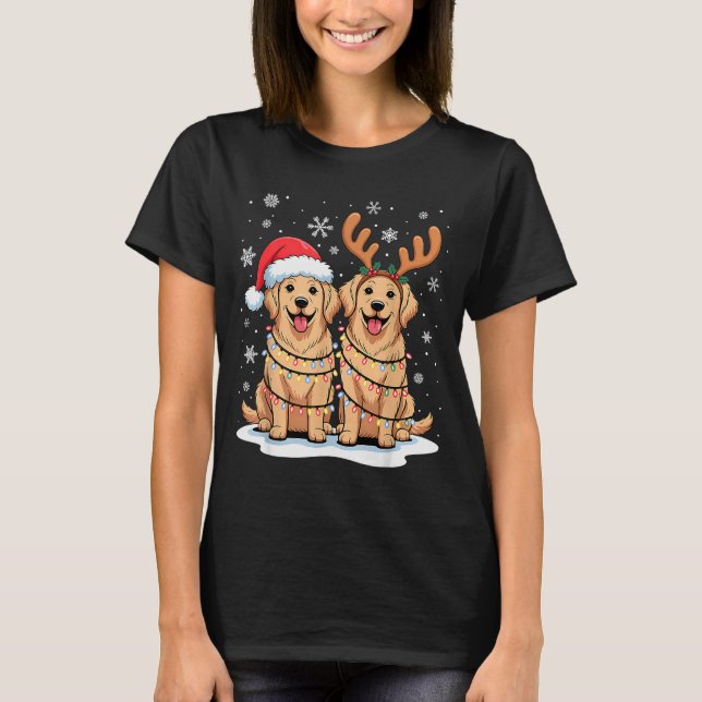 Golden Retriever Christmas Santa Hat Reindeer Ligh T-Shirt (Front)