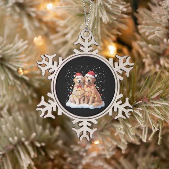 Golden Retriever Christmas Santa Hat Reindeer  Snowflake Pewter Christmas Ornament (Tree)