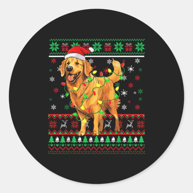 Golden Retriever Christmas Santa Hat Tree Lights P Classic Round Sticker (Front)