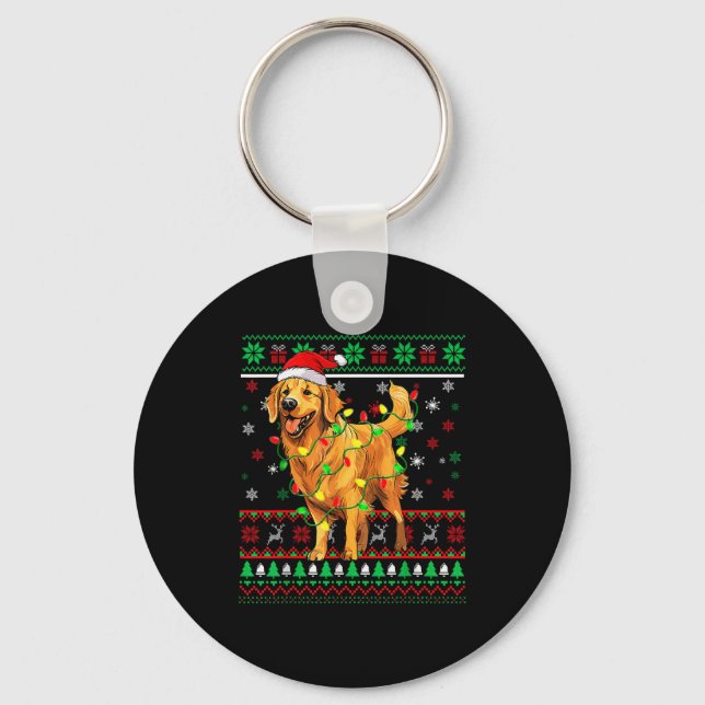 Golden Retriever Christmas Santa Hat Tree Lights P Key Ring (Front)