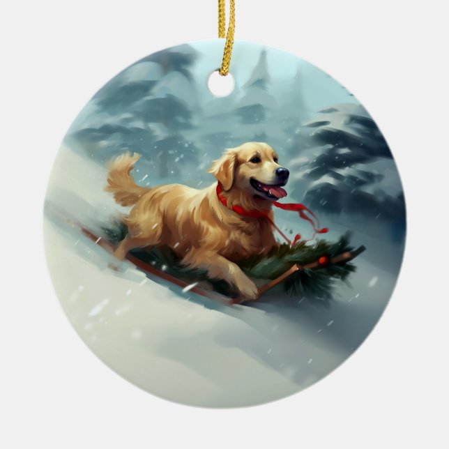 Golden Retriever Christmas snow winter  Ceramic Ornament (Front)