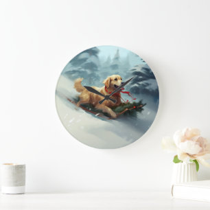 Golden Retriever Christmas snow winter  Large Clock