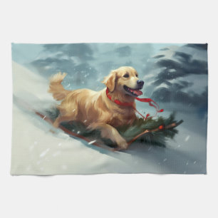 Golden Retriever Christmas snow winter  Tea Towel
