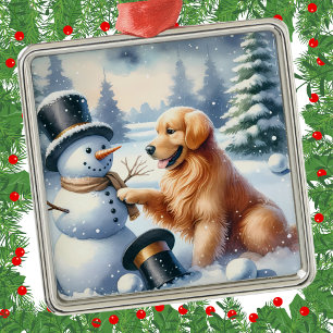 Golden Retriever Christmas Snowman Holiday Metal Ornament