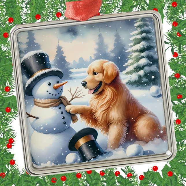 Golden Retriever Christmas Snowman Holiday Metal Ornament (Creator Uploaded)