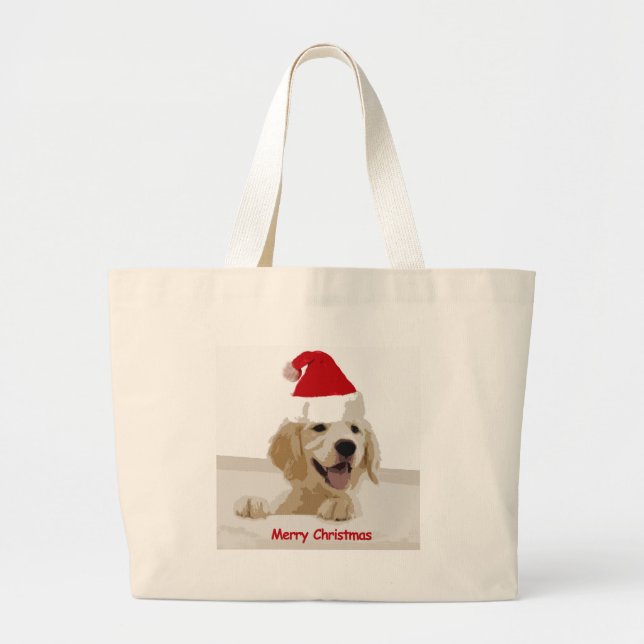 Golden Retriever Christmas with Santa Hat Large Tote Bag (Front)