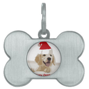 Golden Retriever Christmas with Santa Hat Pet Name Tag