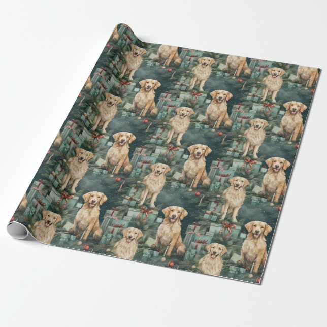 Golden Retriever Christmas Wrapping Paper (Unrolled)