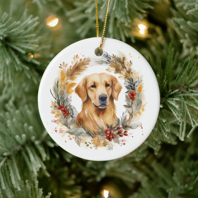 Golden Retriever Christmas Wreath Festive Pup Ceramic Ornament (Tree)