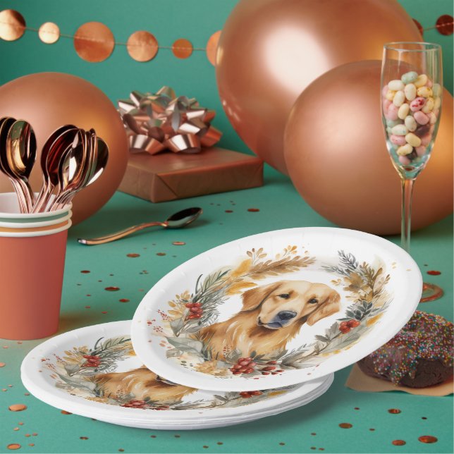 Golden Retriever Christmas Wreath Festive Pup Paper Plate (Multi)