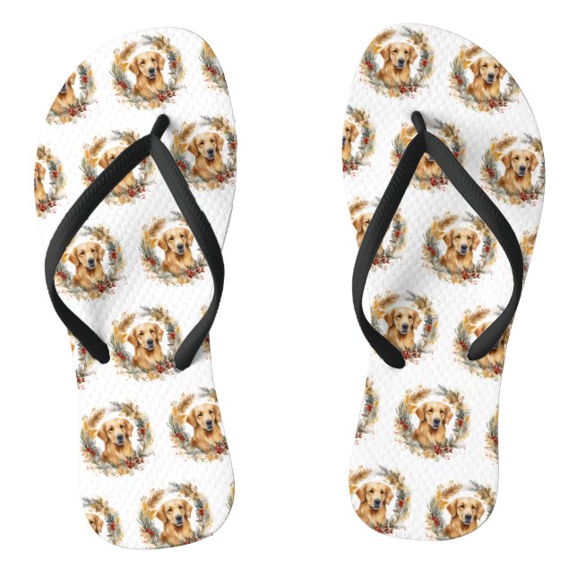 Golden Retriever Christmas Wreath Festive Pup Thongs (Footbed)