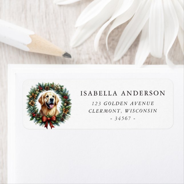Golden Retriever Christmas Wreath Return Address Label (Insitu)