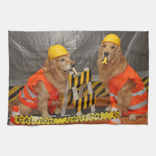 Golden Retriever Construction Workers Tea Towel