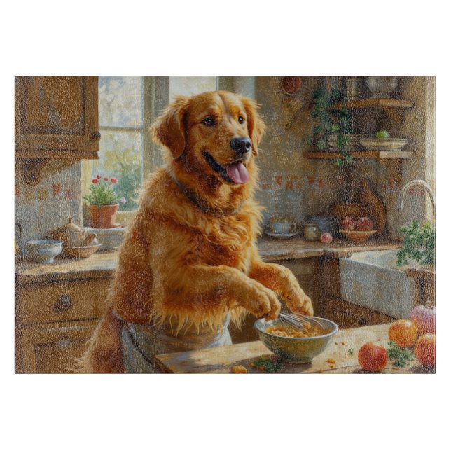 Golden Retriever Cooking in Kitchen Cutting Board (Front)