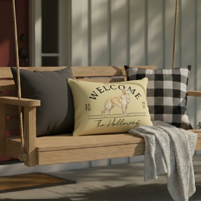 Golden Retriever Custom Family Name Welcome Decorative Cushion (Welcome guests to your home with this Golden Retriever Custom Family Name Welcome Throw Pillow!)