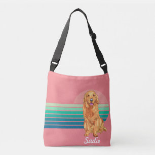 Golden Retriever Custom Name Retro Stripe Pink Crossbody Bag