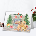 Golden Retriever Cute Dog Christmas Fireplace Holiday Card<br><div class="desc">Send christmas greetings this holiday season with this golden retriever dogs in a watercolor design. This golden retriever holiday card features two labrador pups, a fireplace scene with holiday trees, stockings and presents. Personalise with family name. This golden retriever christmas card will be a favourite among golden retriever lovers, dog...</div>