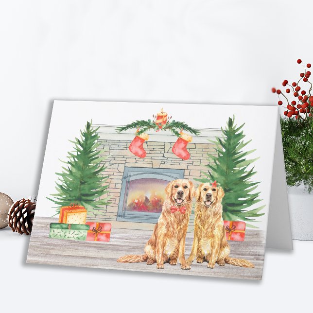 Golden Retriever Cute Dog Christmas Fireplace Holiday Card (Creator Uploaded)