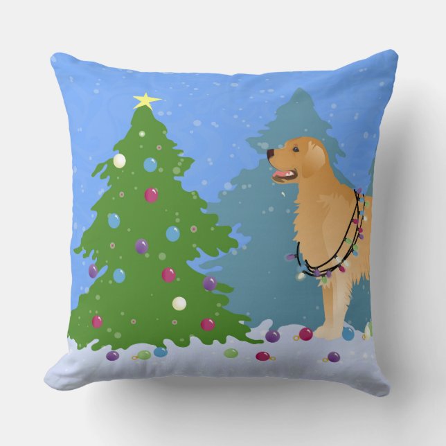 Golden Retriever Decorating Christmas Tree Cushion (Front)