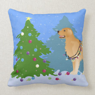 Golden Retriever Decorating Christmas Tree Cushion