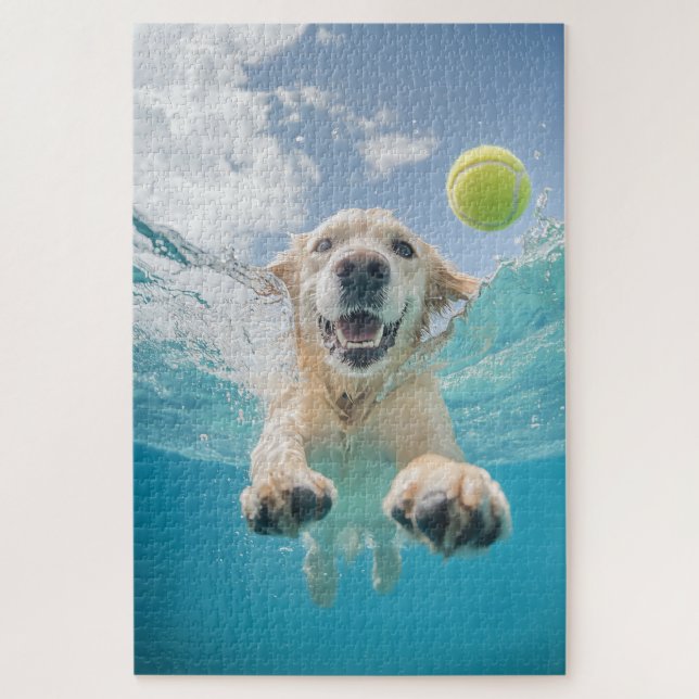 Golden Retriever Diving Tennis Ball Underwater Jigsaw Puzzle (Vertical)
