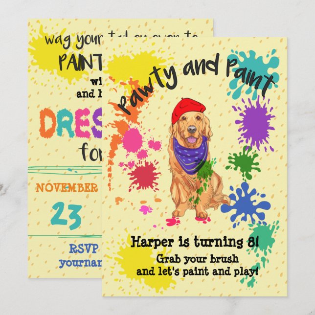 Golden Retriever Dog Art Birthday Party Invitation (Front/Back)