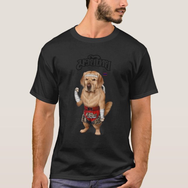 Golden Retriever Dog As Muay Thai Kick Boxing Cham T-Shirt (Front)