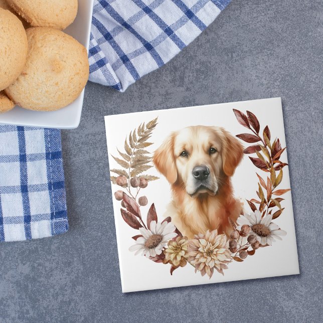 Golden Retriever Dog Autumn Wreath Ceramic Tile (Creator Uploaded)