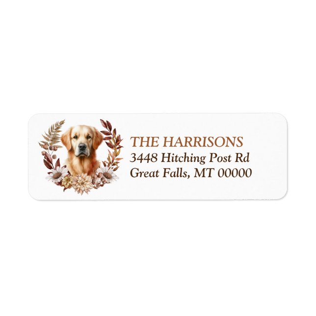Golden Retriever Dog Autumn Wreath Return Address Label (Front)