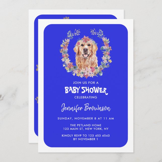 Golden Retriever Dog Baby Shower navy Invitation (Front/Back)