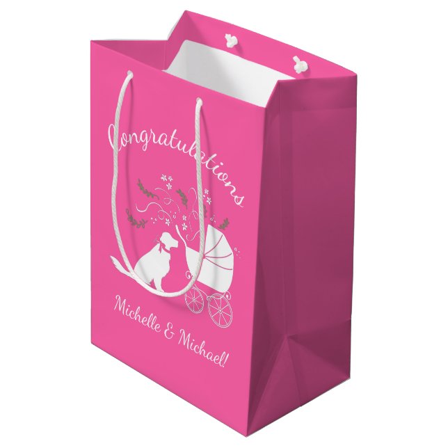 Golden Retriever Dog Baby Shower Pink Girl Medium Gift Bag (Back Angled)